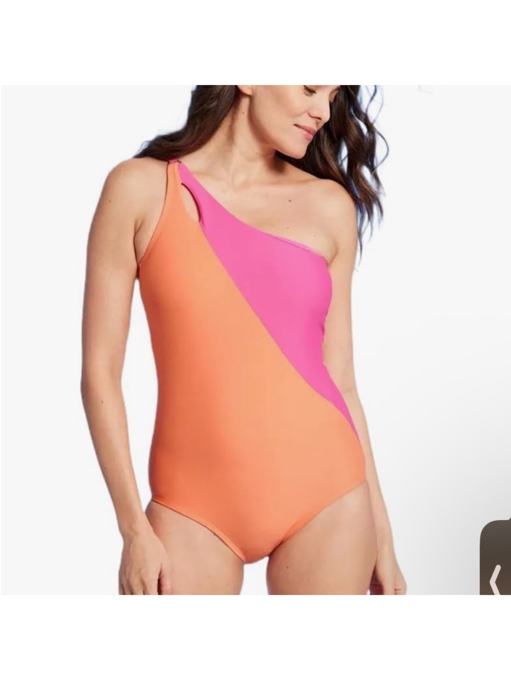 Lands' End One-Shoulder Colorblock Swimsuit in Orange & Pink